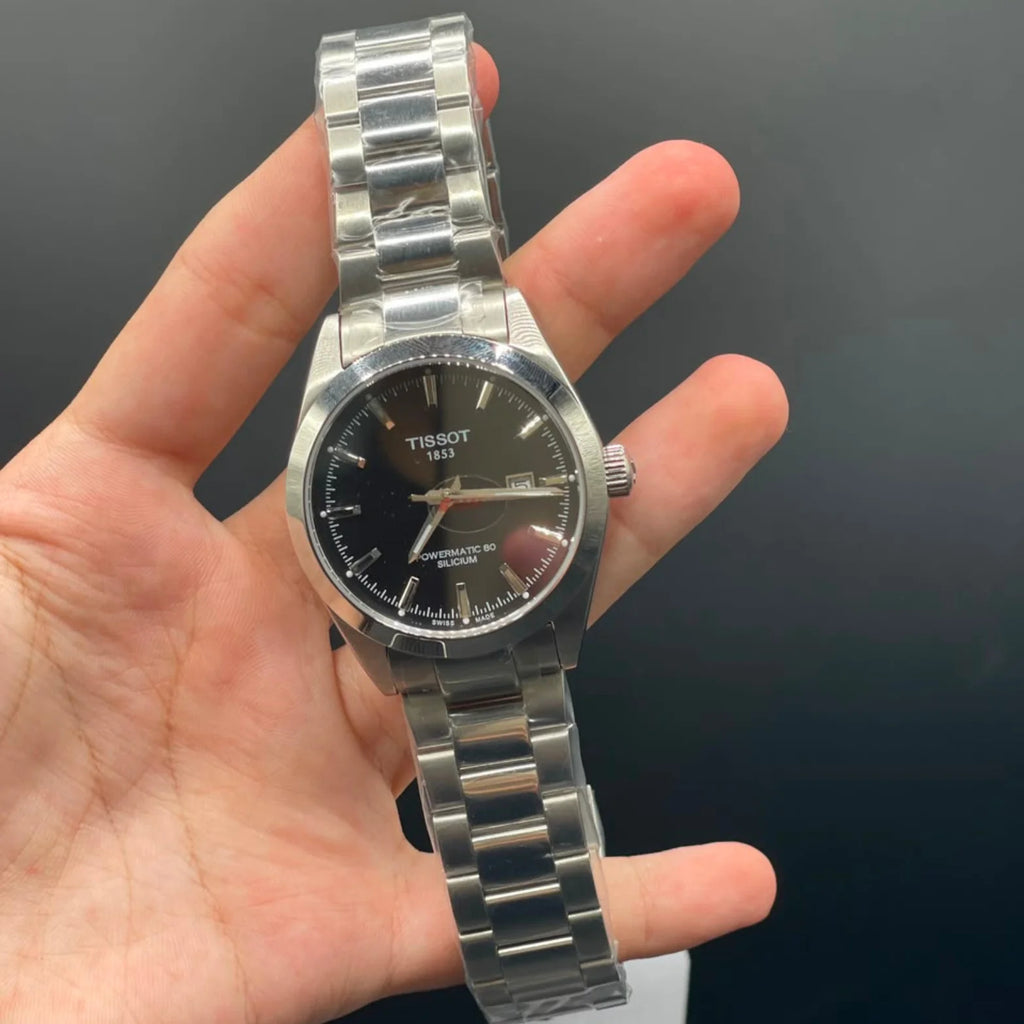 TT Silver Chain With Black Dial, Smooth Bezel Automatic Watch