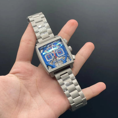 TAG Silver Chain With Blue Chronograph Dial Monaco Watch