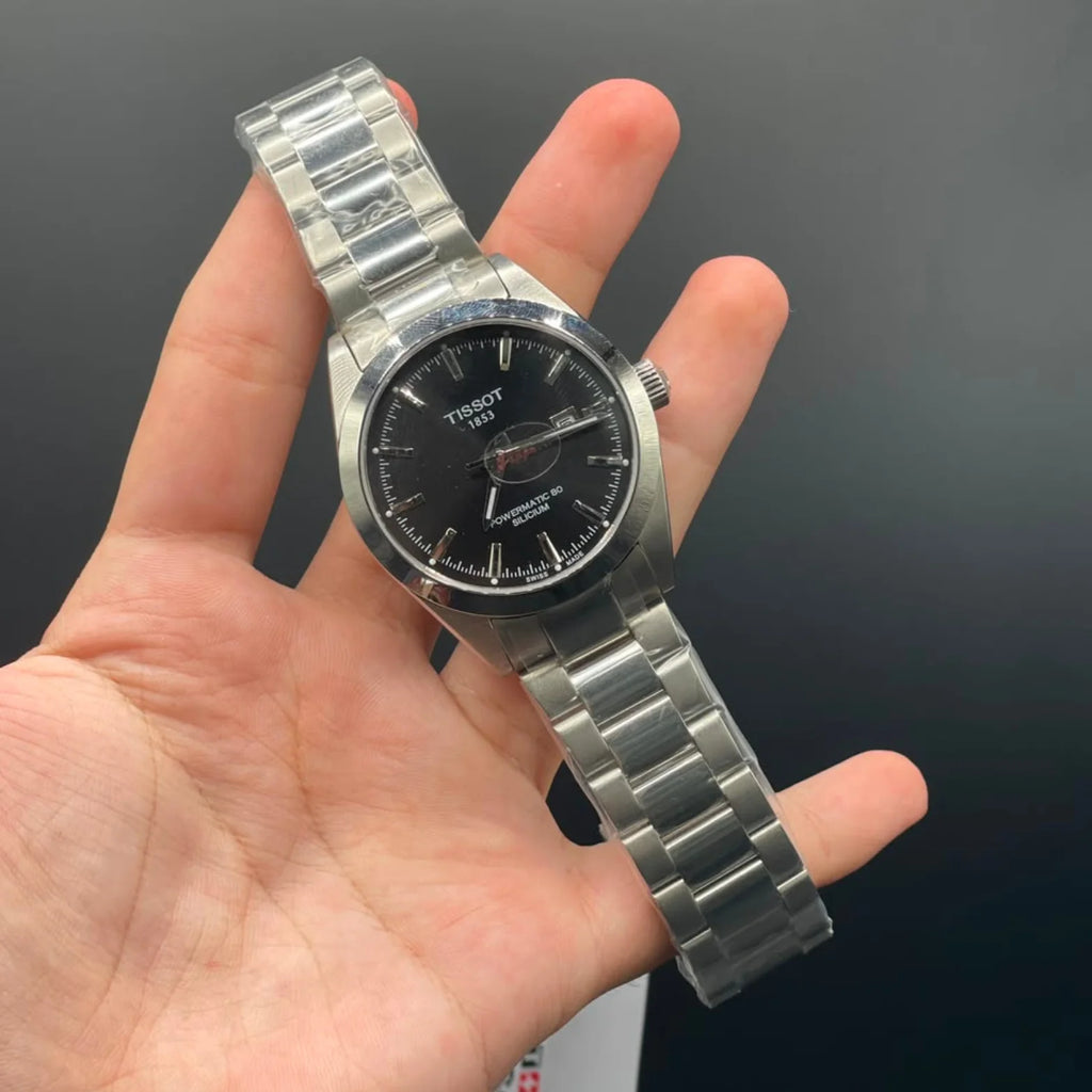 TT Silver Chain With Black Dial, Smooth Bezel Automatic Watch