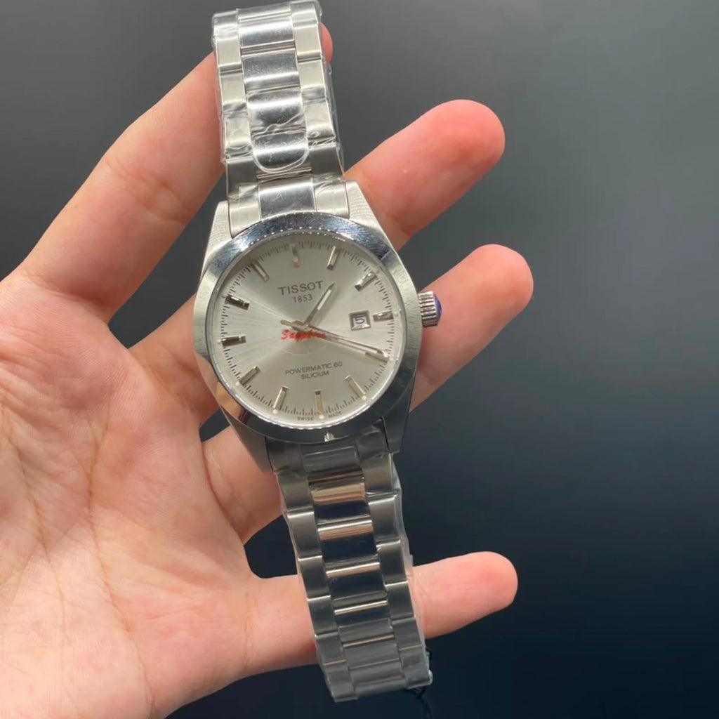 TT Silver Chain With White Dial, Smooth Bezel Automatic Watch