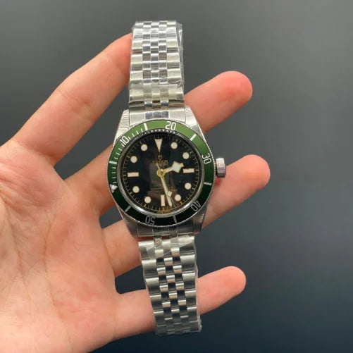 TDR Silver Chain With Black Dial, Green Rotatable Bezel Automatic Watch