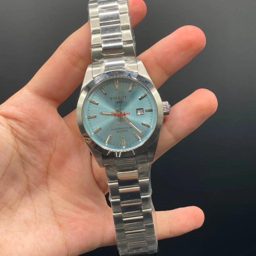 TT Silver Chain With Tiffany Blue Dial, Smooth Bezel Automatic Watch