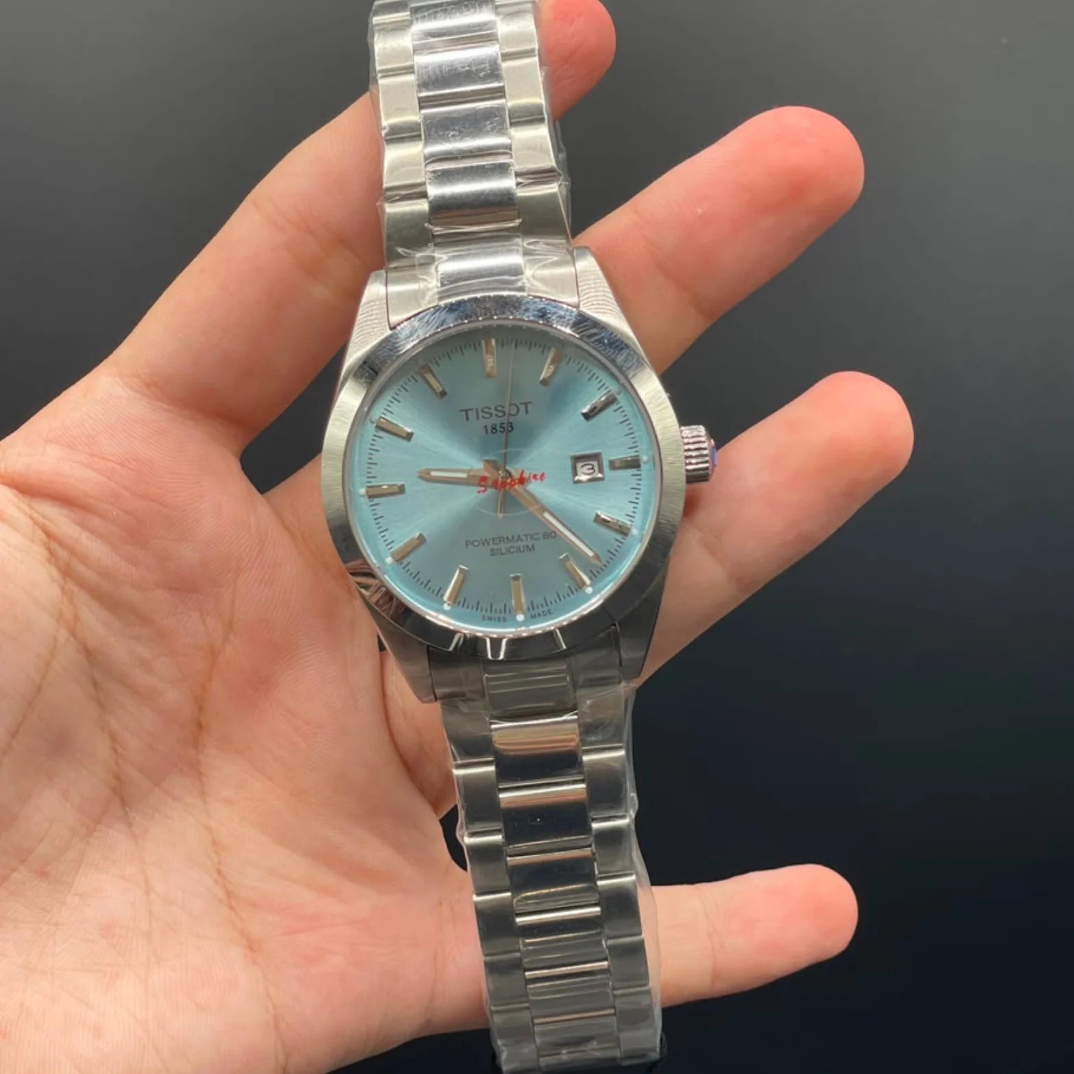 TT Silver Chain With Tiffany Blue Dial, Smooth Bezel Automatic Watch