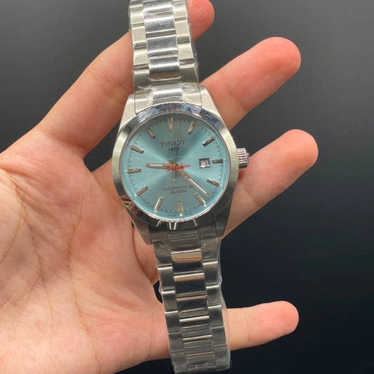 TT Silver Chain With Tiffany Blue Dial, Smooth Bezel Automatic Watch
