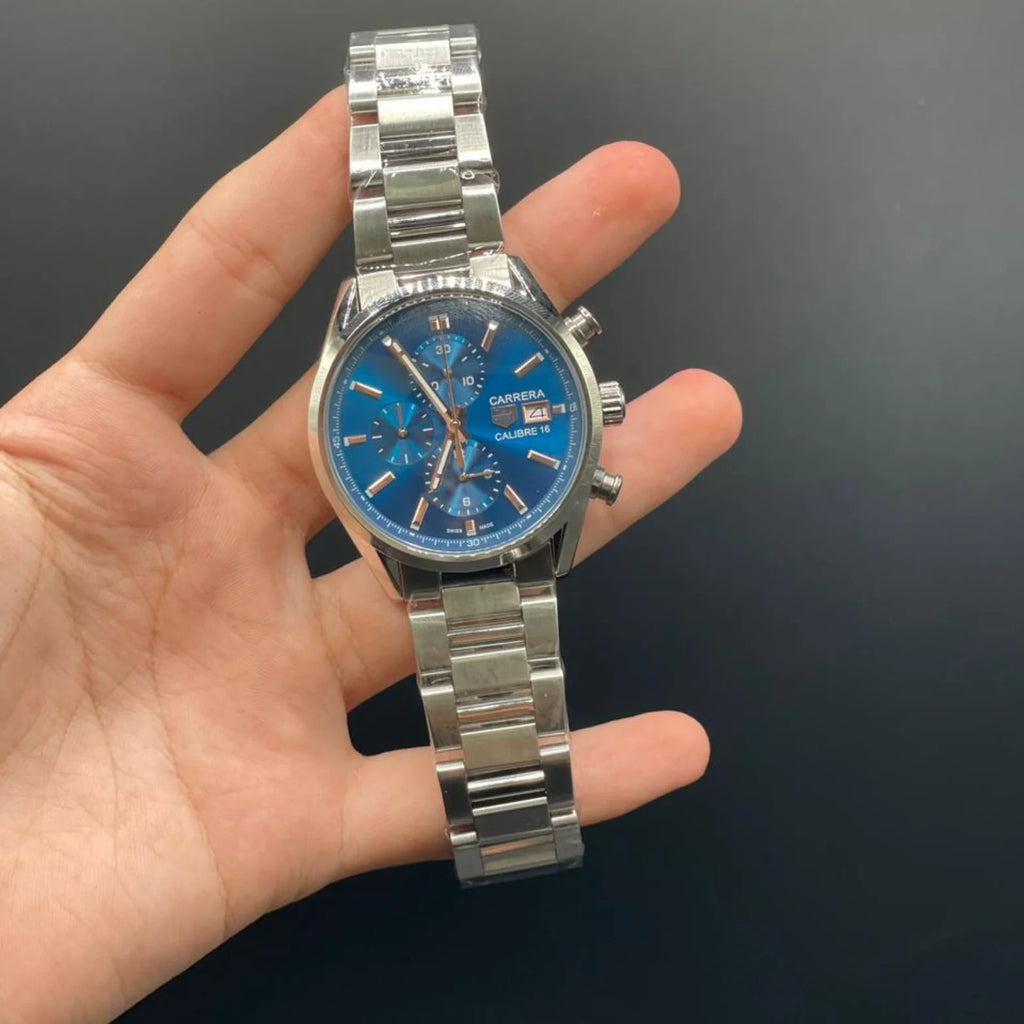 TAG Silver Chain With Blue Chronograph Dial Carrera Watch