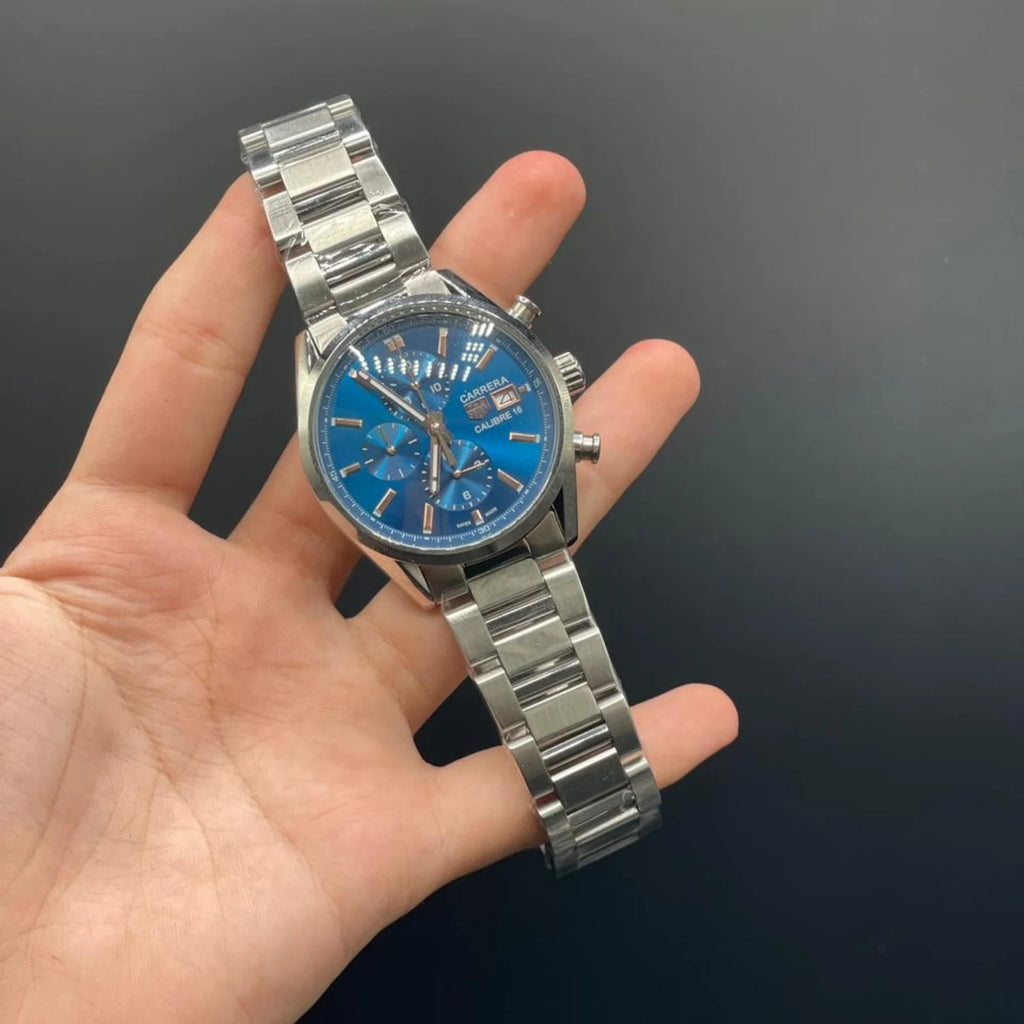 TAG Silver Chain With Blue Chronograph Dial Carrera Watch