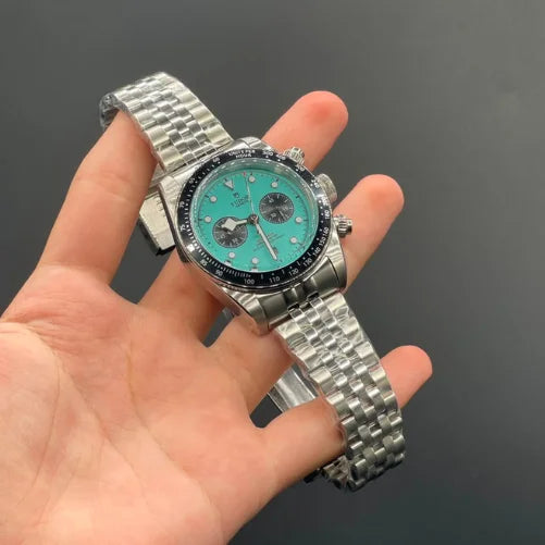 TDR Silver Chain With Flamingo Blue Chronograph Dial Automatic Watch