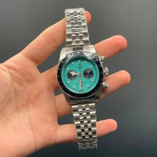 TDR Silver Chain With Flamingo Blue Chronograph Dial Automatic Watch