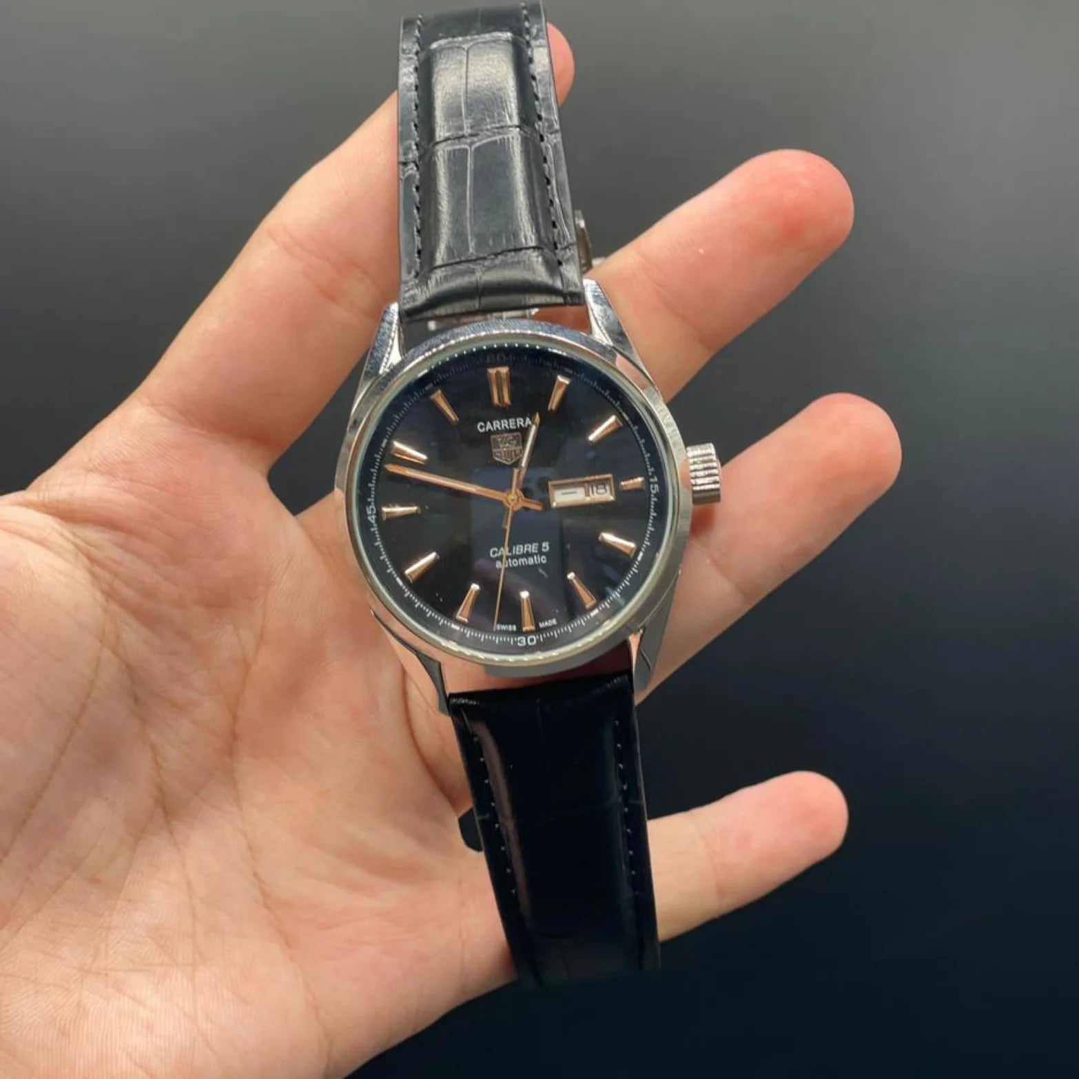 TAG Black Strap With Black Dial Carrera Calibre 5 Day-Date Watch