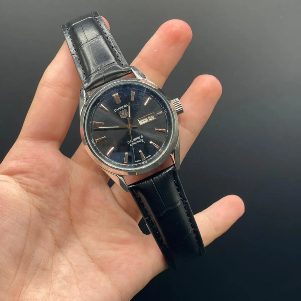 TAG Black Strap With Black Dial Carrera Calibre 5 Day-Date Watch