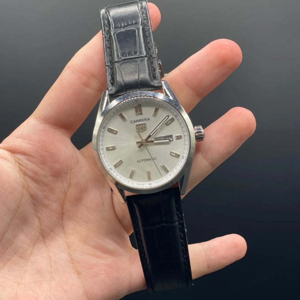 TAG Black Strap With White Dial Carrera Calibre 5 Day-Date Watch