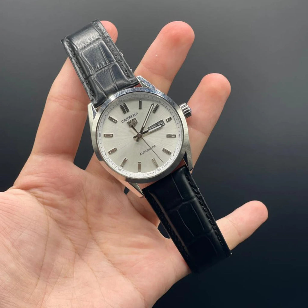 TAG Black Strap With White Dial Carrera Calibre 5 Day-Date Watch