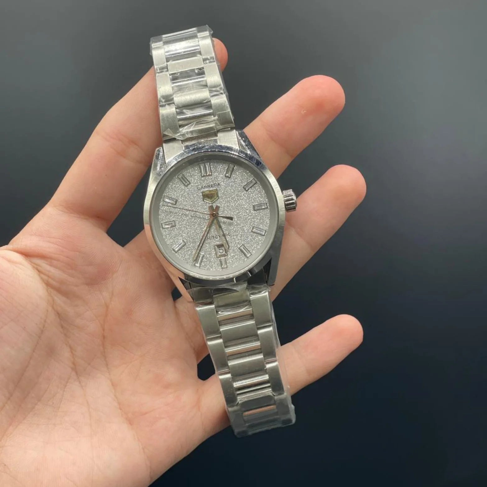 TAG Silver Chain With Forged Gray Diamond Dial Carrera Watch