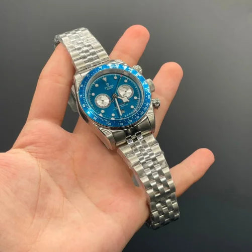 TDR Silver Chain With Blue Chronograph Working Dial Automatic Watch