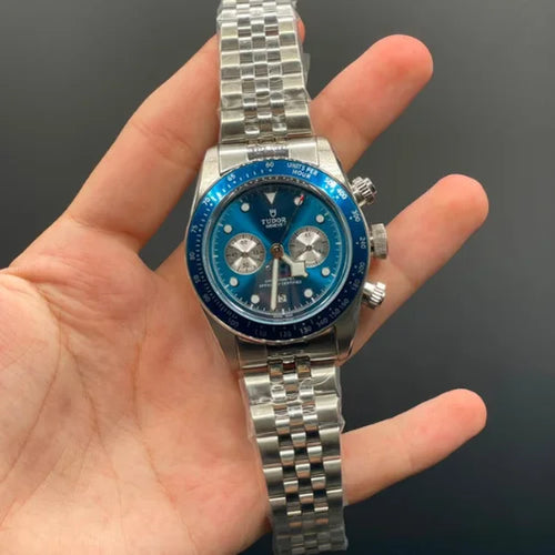 TDR Silver Chain With Blue Chronograph Working Dial Automatic Watch