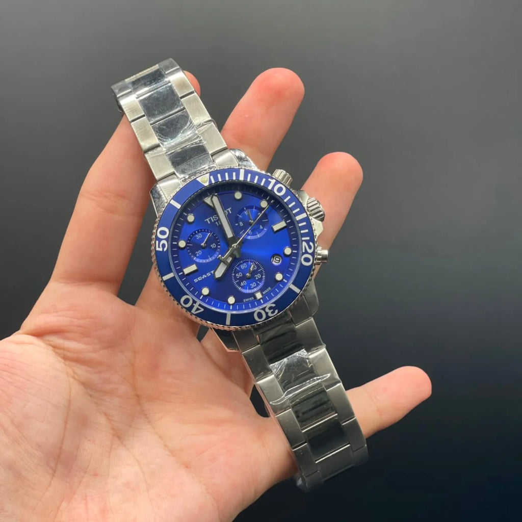 TT Silver Chain With Blue Chronograph Dial With Blue Rotatable Bezel Automatic Watch