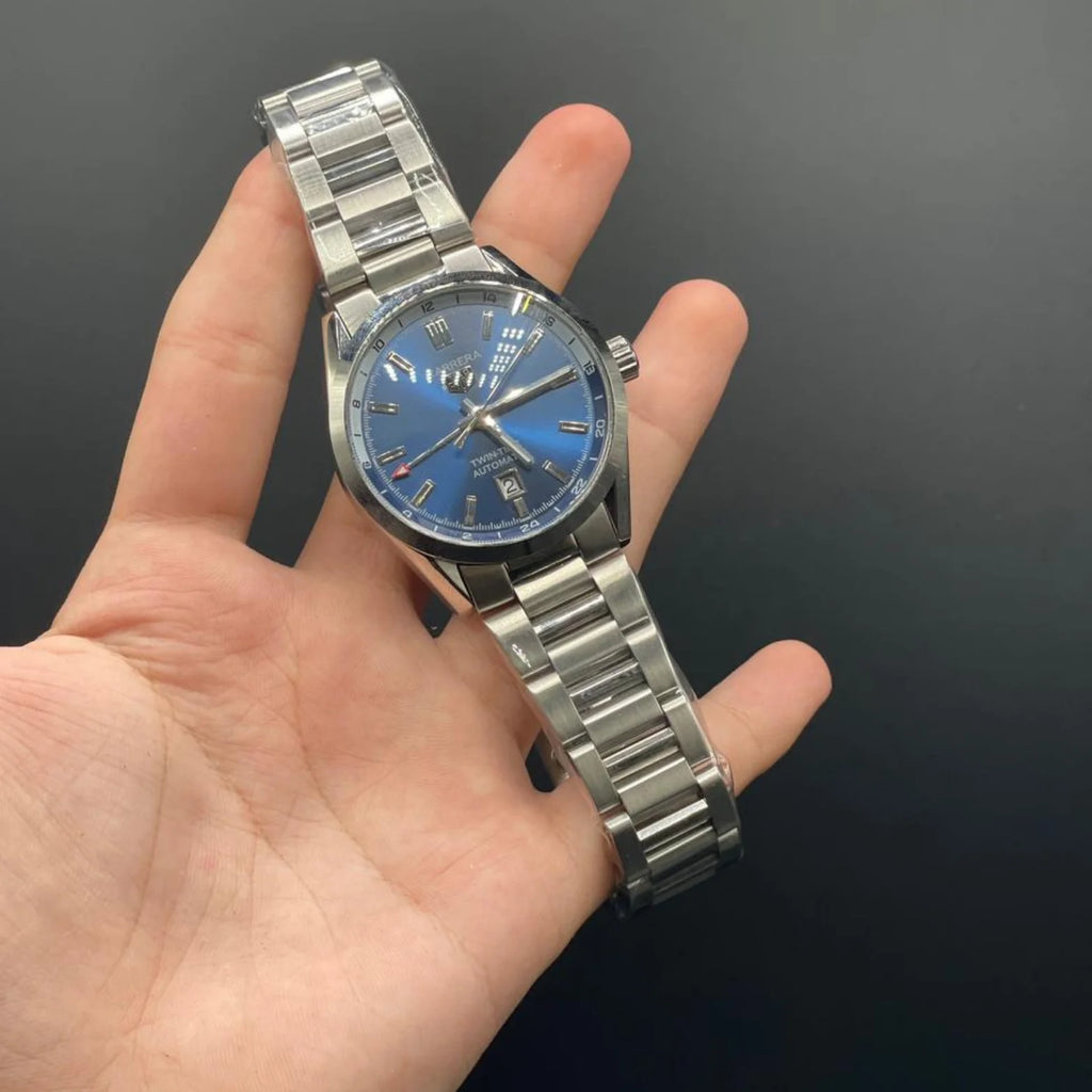 TAG Silver Chain With Blue Date Dial Carrera Watch