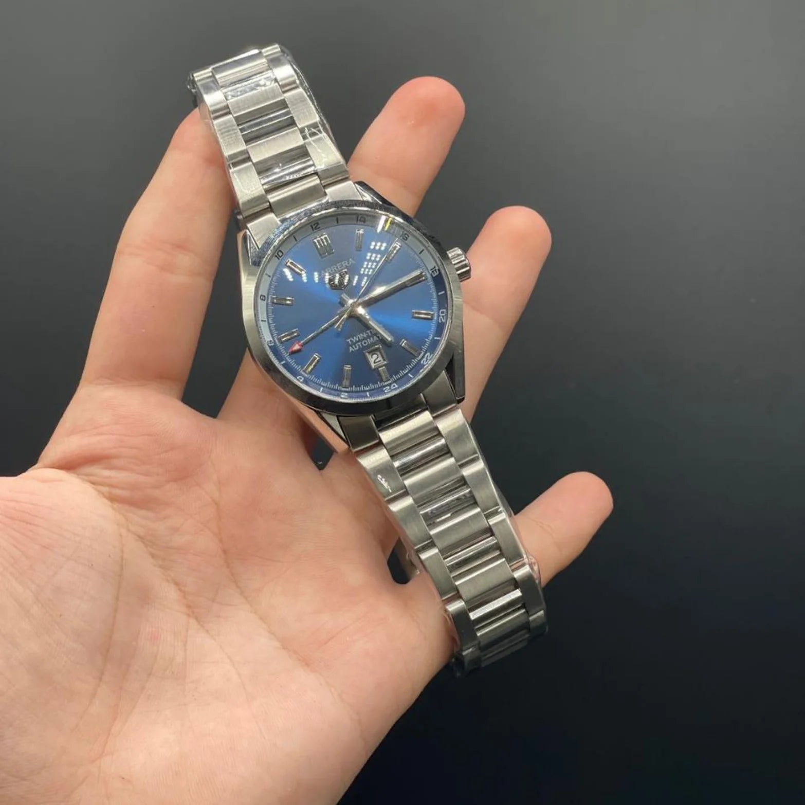 TAG Silver Chain With Blue Date Dial Carrera Watch