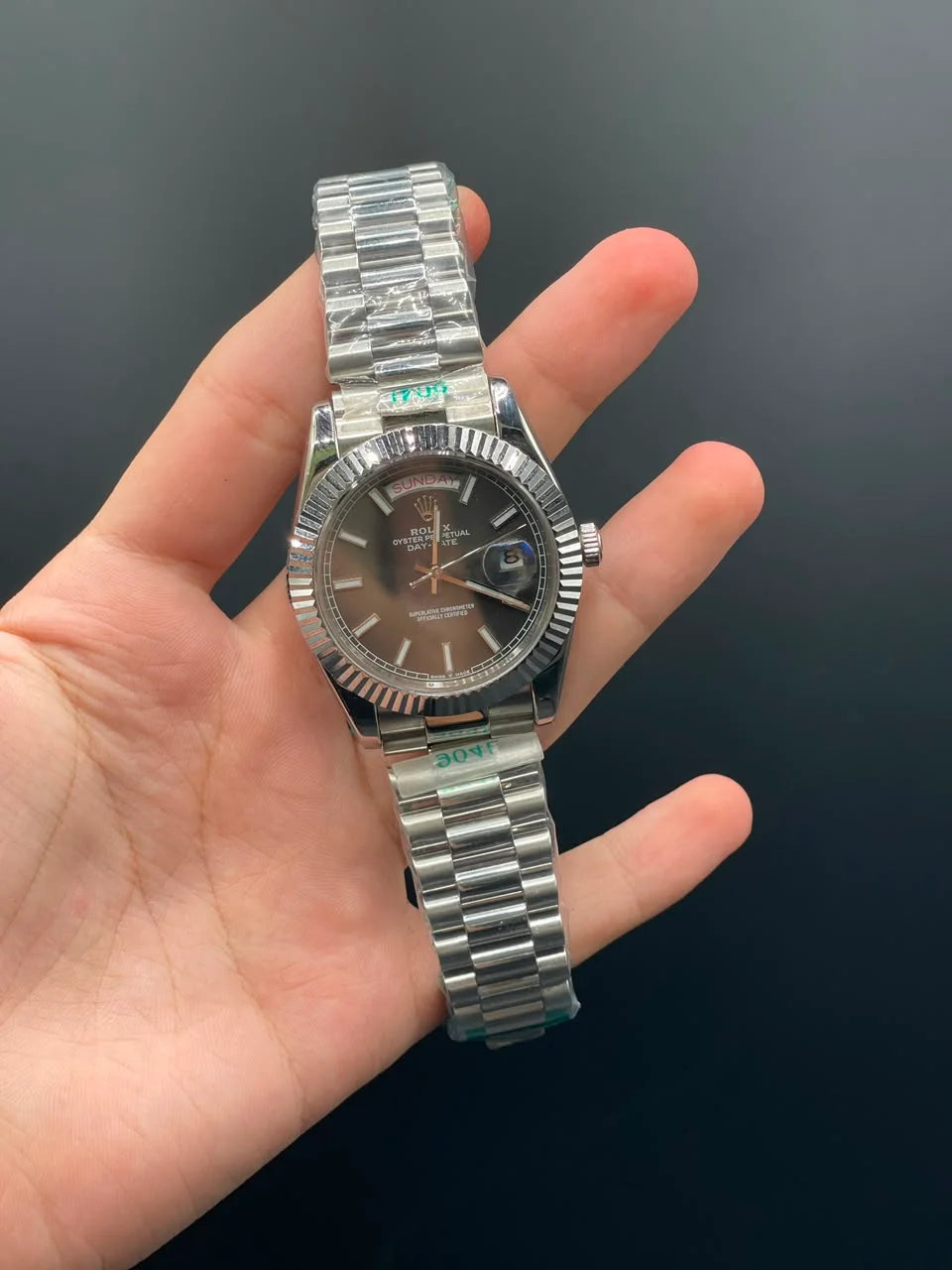 RLX Silver Presidential Chain With Gray Day-Date Dial Automatic Watch