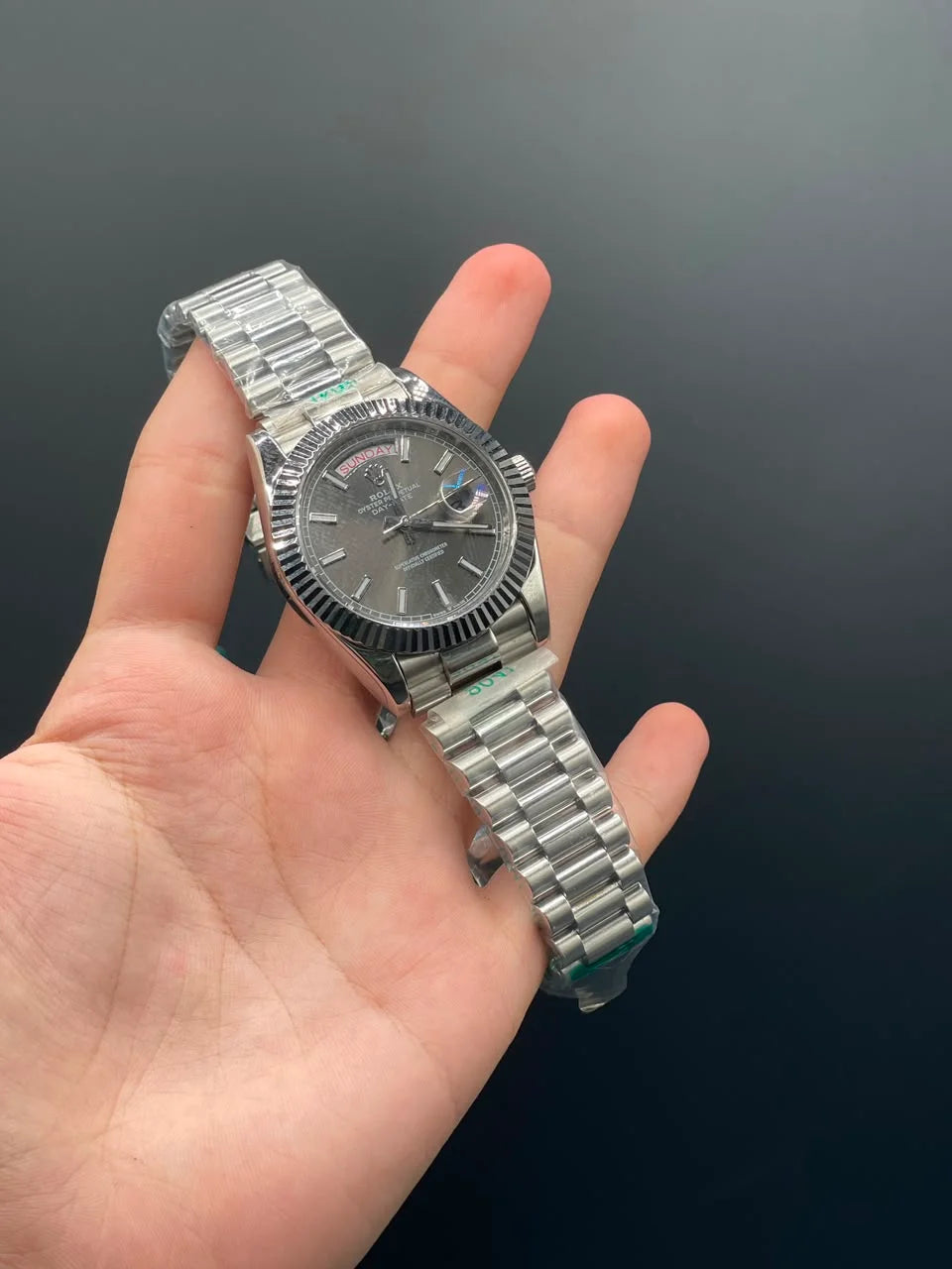 RLX Silver Presidential Chain With Gray Day-Date Dial Automatic Watch