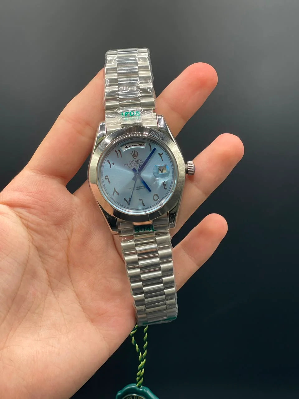 RLX Silver Presidential Chain With Blue Arabic Day-Date Dial Automatic Watch