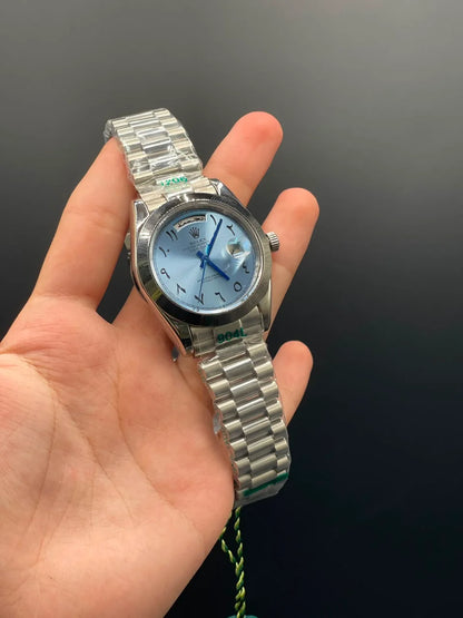 RLX Silver Presidential Chain With Blue Arabic Day-Date Dial Automatic Watch