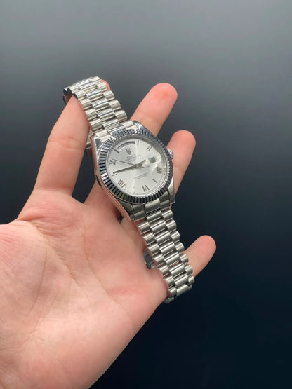 RLX Silver Presidential Chain With White Day-Date Dial Automatic Watch