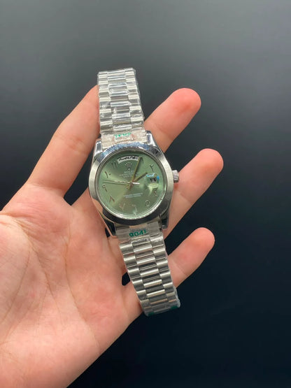 RLX Silver Presidential Chain With Green Arabic Day-Date Dial Automatic Watch