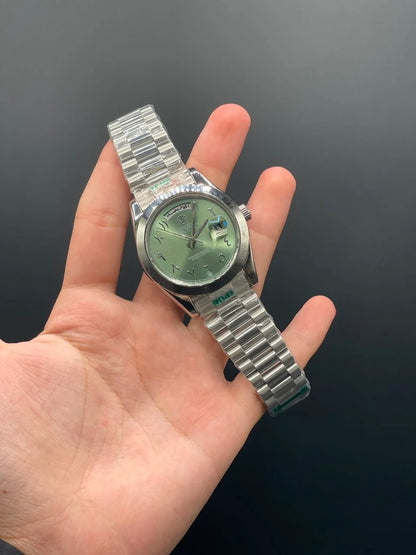 RLX Silver Presidential Chain With Green Arabic Day-Date Dial Automatic Watch