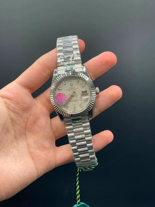 RLX Silver Presidential Chain With Meteorite Day-Date Dial Automatic Watch