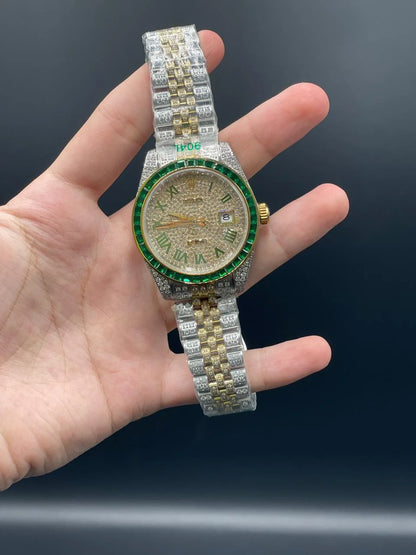 RLX Two Tone Jubilee Chain With Golden Dial Fully Diamond Covered Automatic Watch