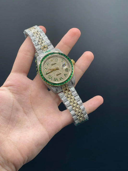 RLX Two Tone Jubilee Chain With Golden Dial Fully Diamond Covered Automatic Watch