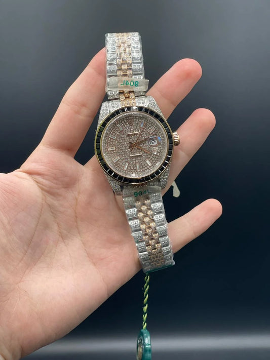 RLX Two Tone Jubilee Chain With Gold And Black Dial Fully Diamond Covered Automatic Watch