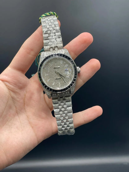RLX Silver Jubilee Chain With White And Black Diamond Covered Dial Automatic Watch