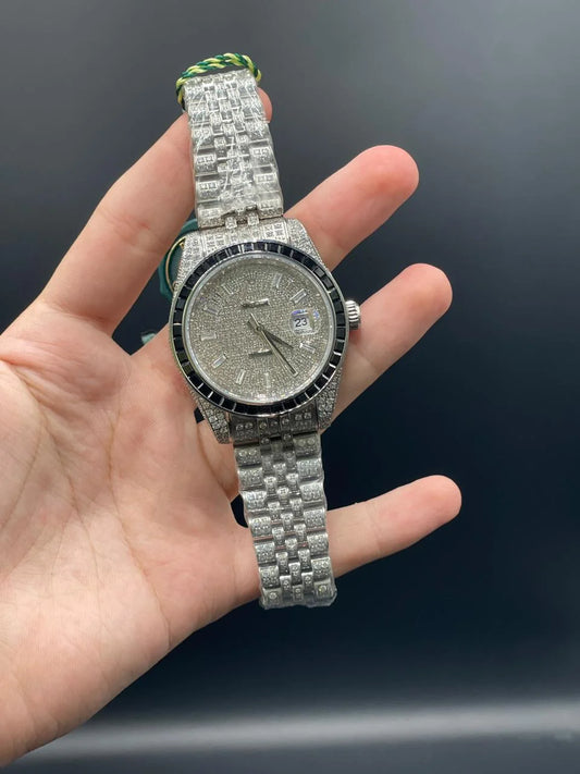 RLX Silver Jubilee Chain With White And Black Diamond Covered Dial Automatic Watch