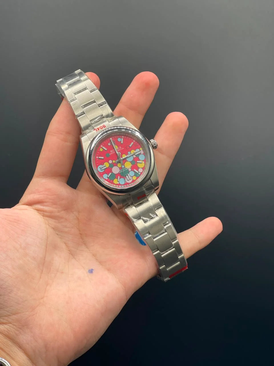 RLX Silver Oyster Chain With Red Celebration Dial Automatic Watch