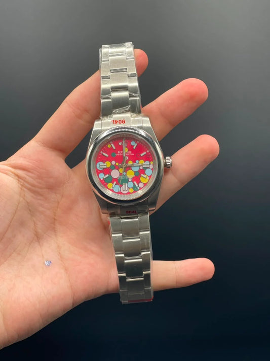 RLX Silver Oyster Chain With Red Celebration Dial Automatic Watch