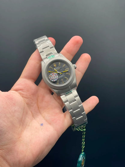 RLX Silver Oyster Chain With Black And Golden Textured Dial Automatic Watch