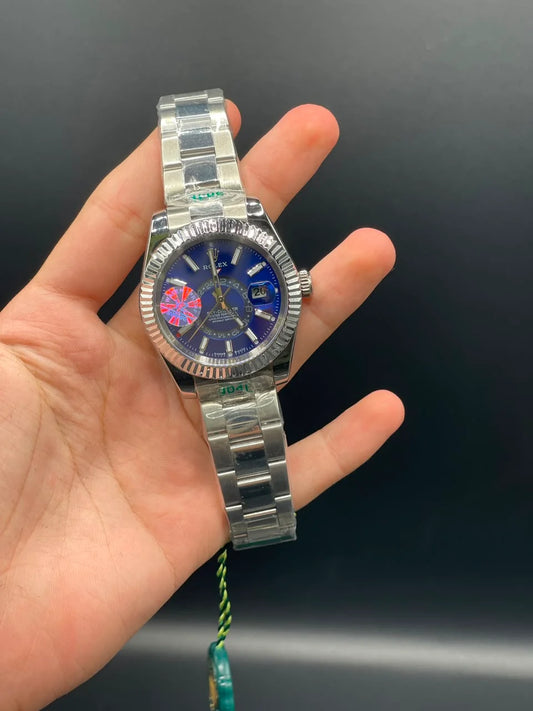 RLX Silver Oyster Chain With Dark Blue Dial Sky-Dweller Style Automatic Watch