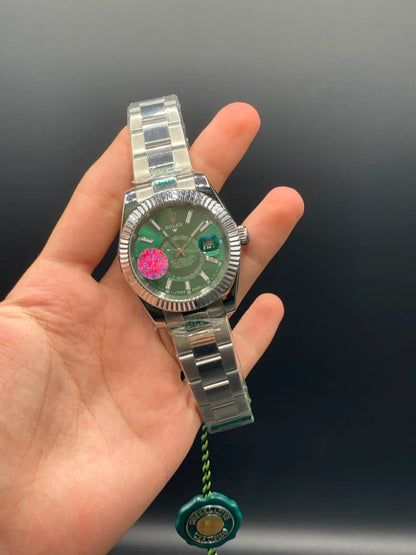 RLX Silver Oyster Chain With Green Dial Sky-Dweller Style Automatic Watch