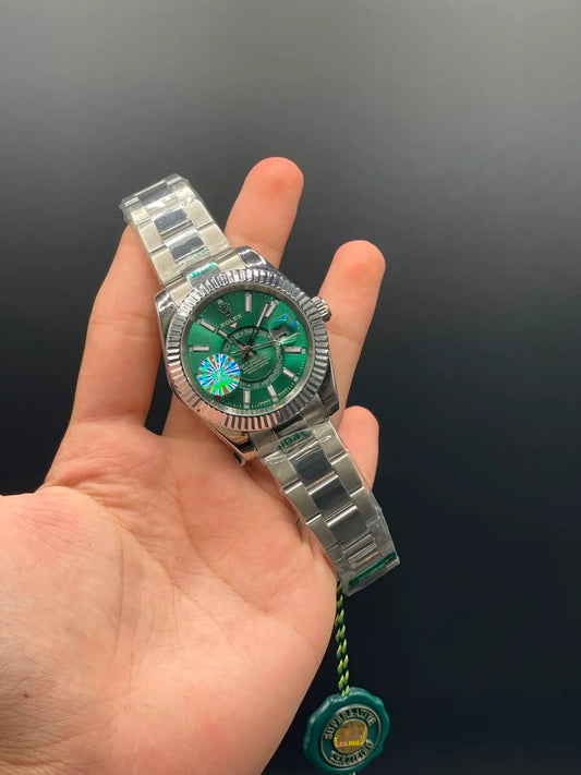 RLX Silver Oyster Chain With Green Dial Sky-Dweller Style Automatic Watch