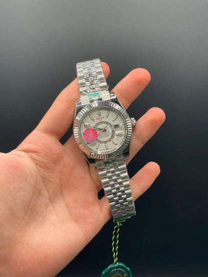RLX Silver Jubilee Chain With White Dial Sky-Dweller Style Automatic Watch