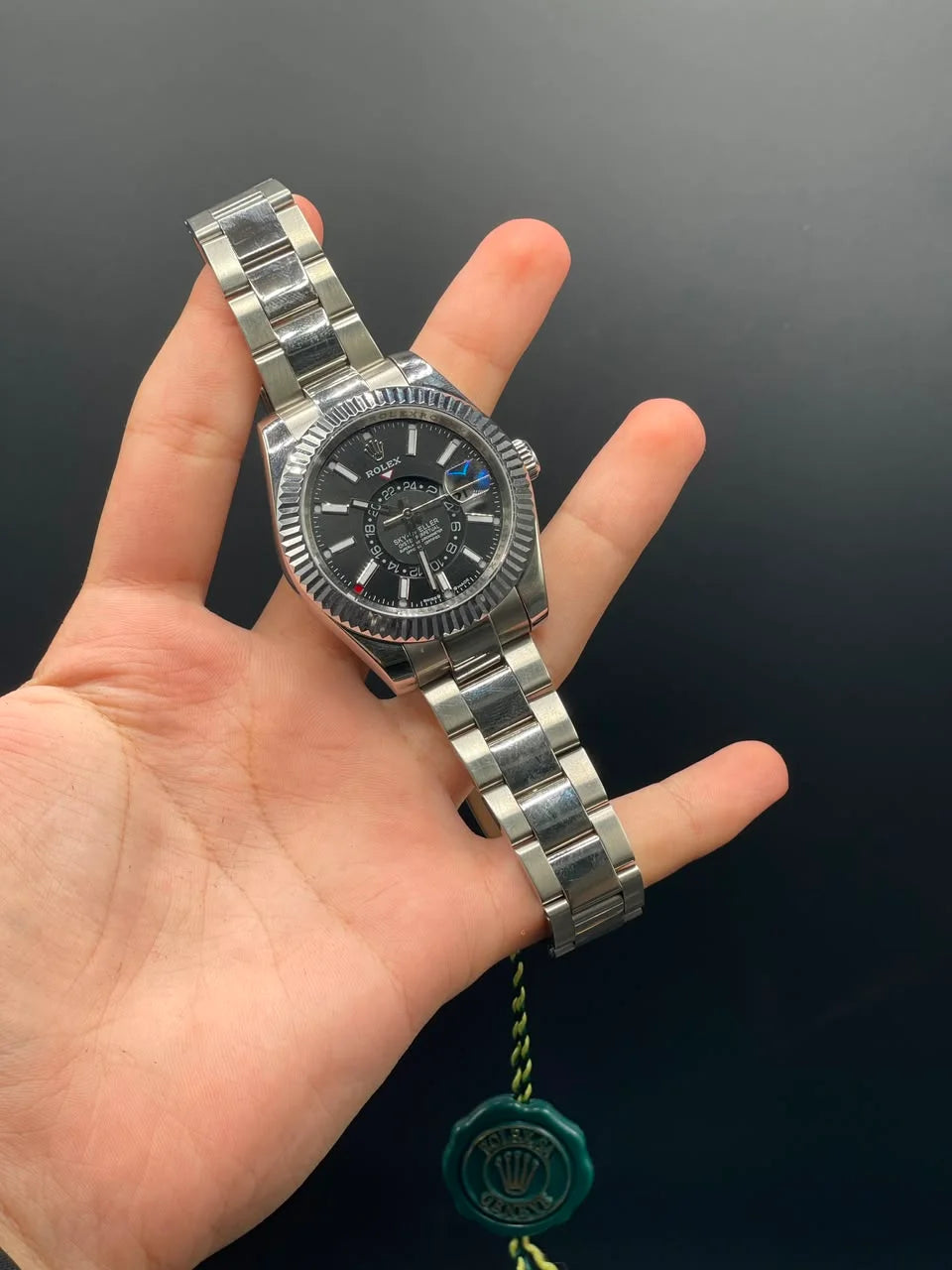 RLX Silver Oyster Chain With Black Dial Sky-Dweller Style Automatic Watch