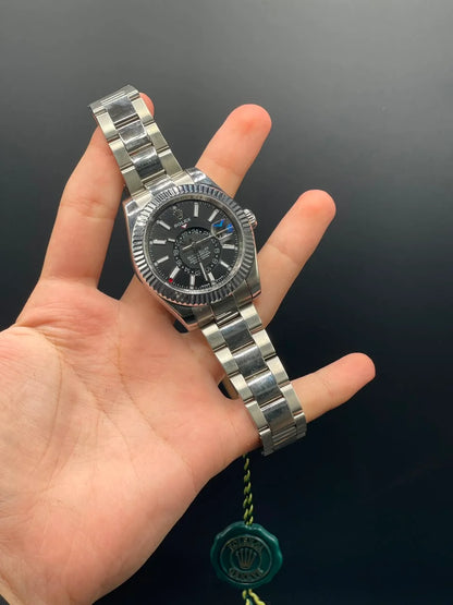 RLX Silver Oyster Chain With Black Dial Sky-Dweller Style Automatic Watch