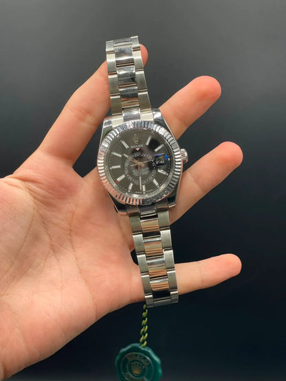 RLX Silver Oyster Chain With Black Dial Sky-Dweller Style Automatic Watch
