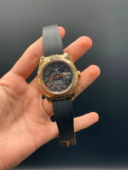 RLX Black Oysterflex Band With Black And Rose Gold Dial Sky-Dweller Style Automatic Watch