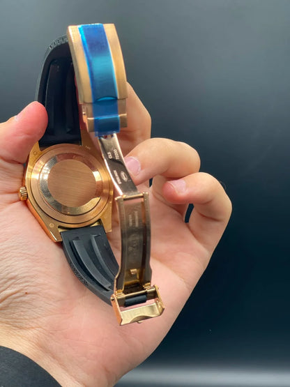 RLX Black Oysterflex Band With Black And Rose Gold Dial Sky-Dweller Style Automatic Watch