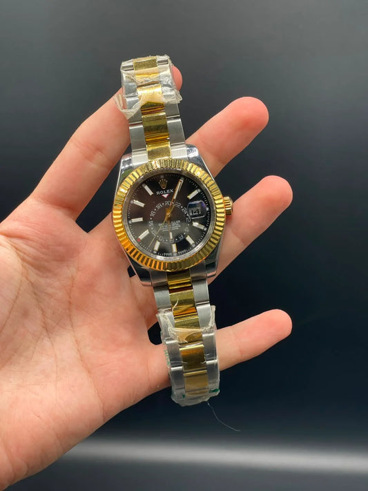 RLX Two Tone Oyster Chain With Black Dial Sky-Dweller Style Automatic Watch