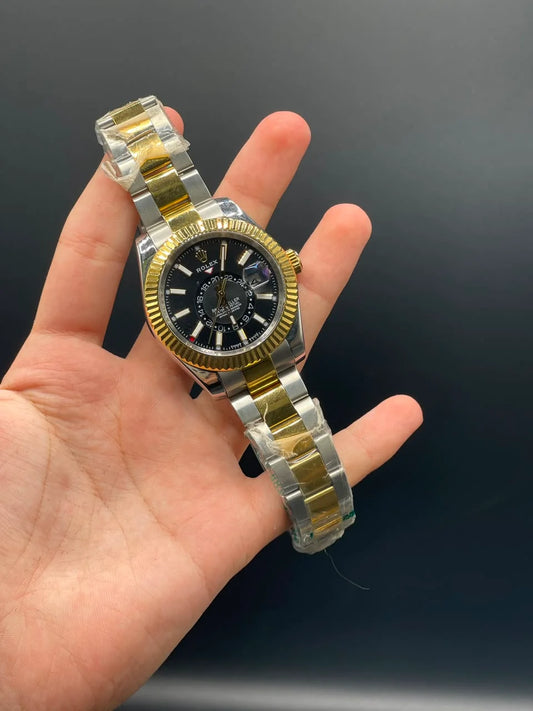 RLX Two Tone Oyster Chain With Black Dial Sky-Dweller Style Automatic Watch