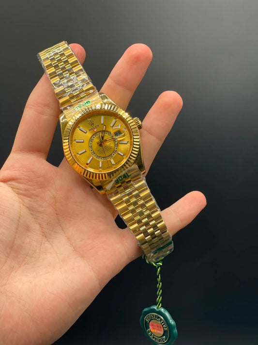 RLX Golden Jubilee Chain With Golden Dial Sky-Dweller Style Automatic Watch